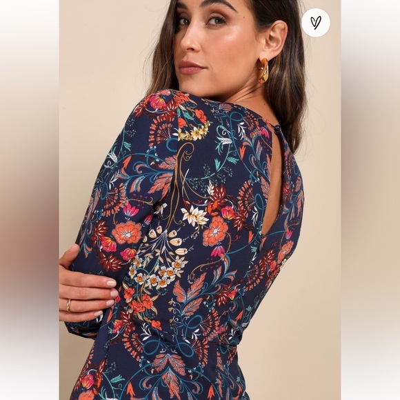 Garden Splendor Navy Blue Floral Print Long Sleeve Midi Dress - Picture 4 of 7
